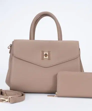 Set of Small Classic Leather Handbag with Wallet - Beige