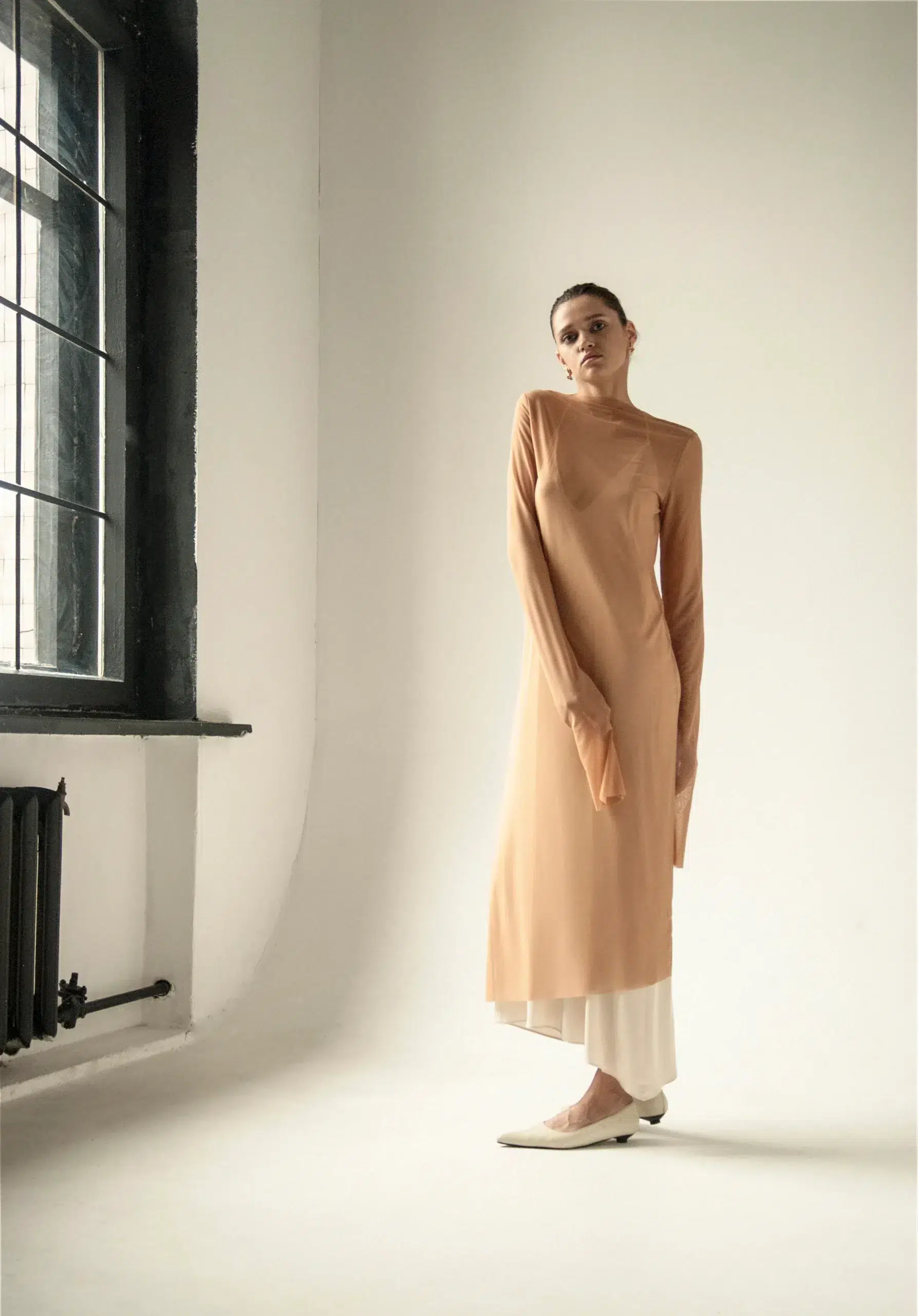 AP008 - Endless Sleeves Nude Tulle Dress - Image 2