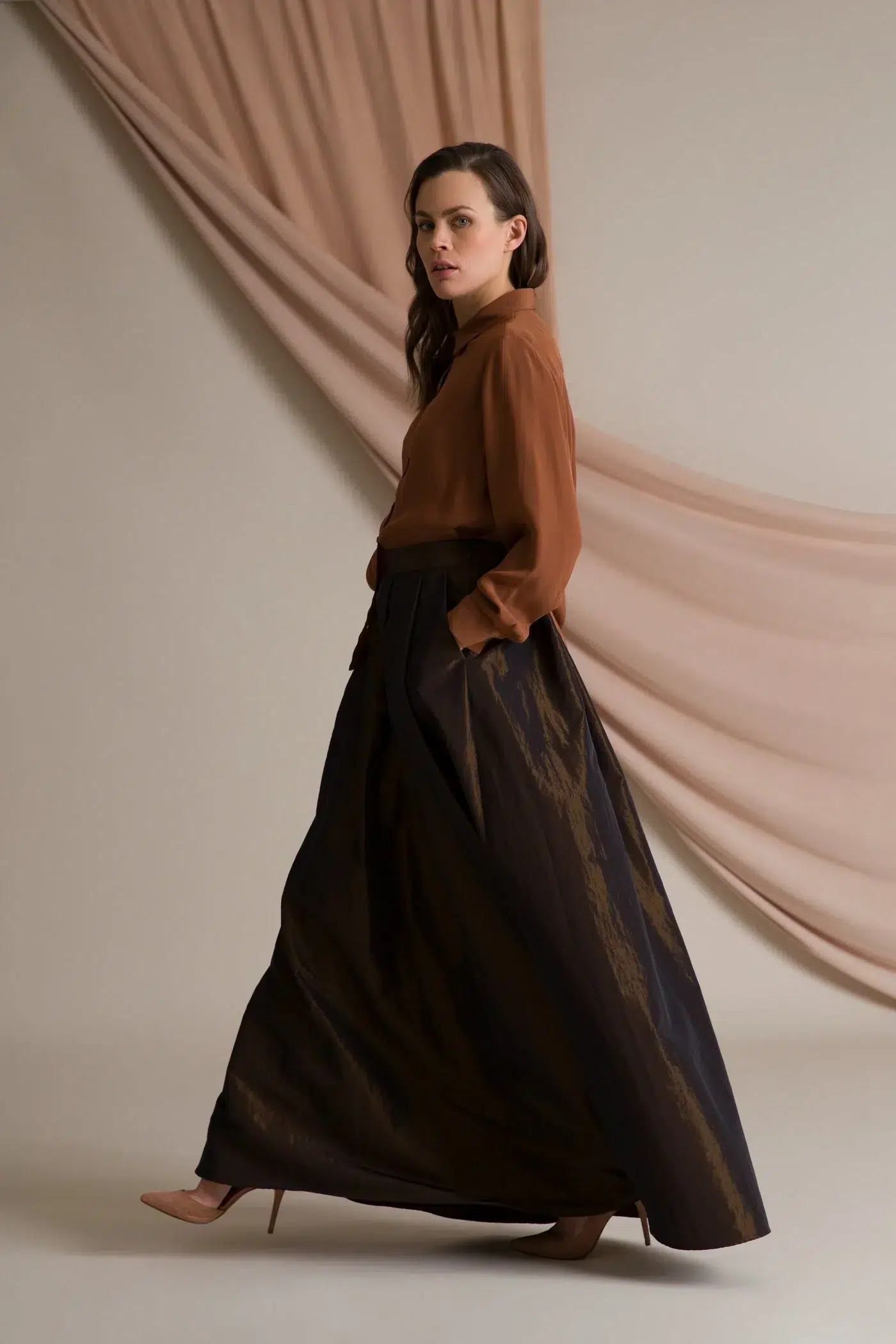 AP004 - Elena Wide Hem Maxi Skirt Dark Brown