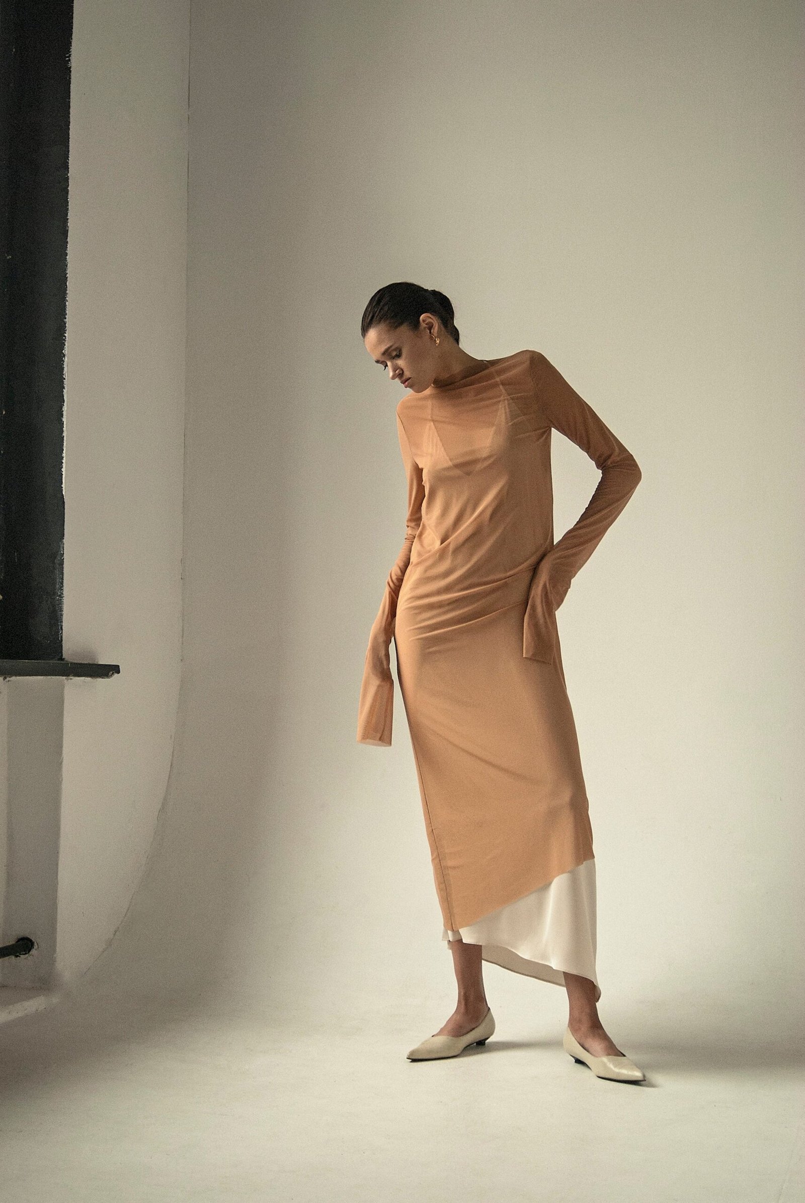 AP008 - Endless Sleeves Nude Tulle Dress - Image 3