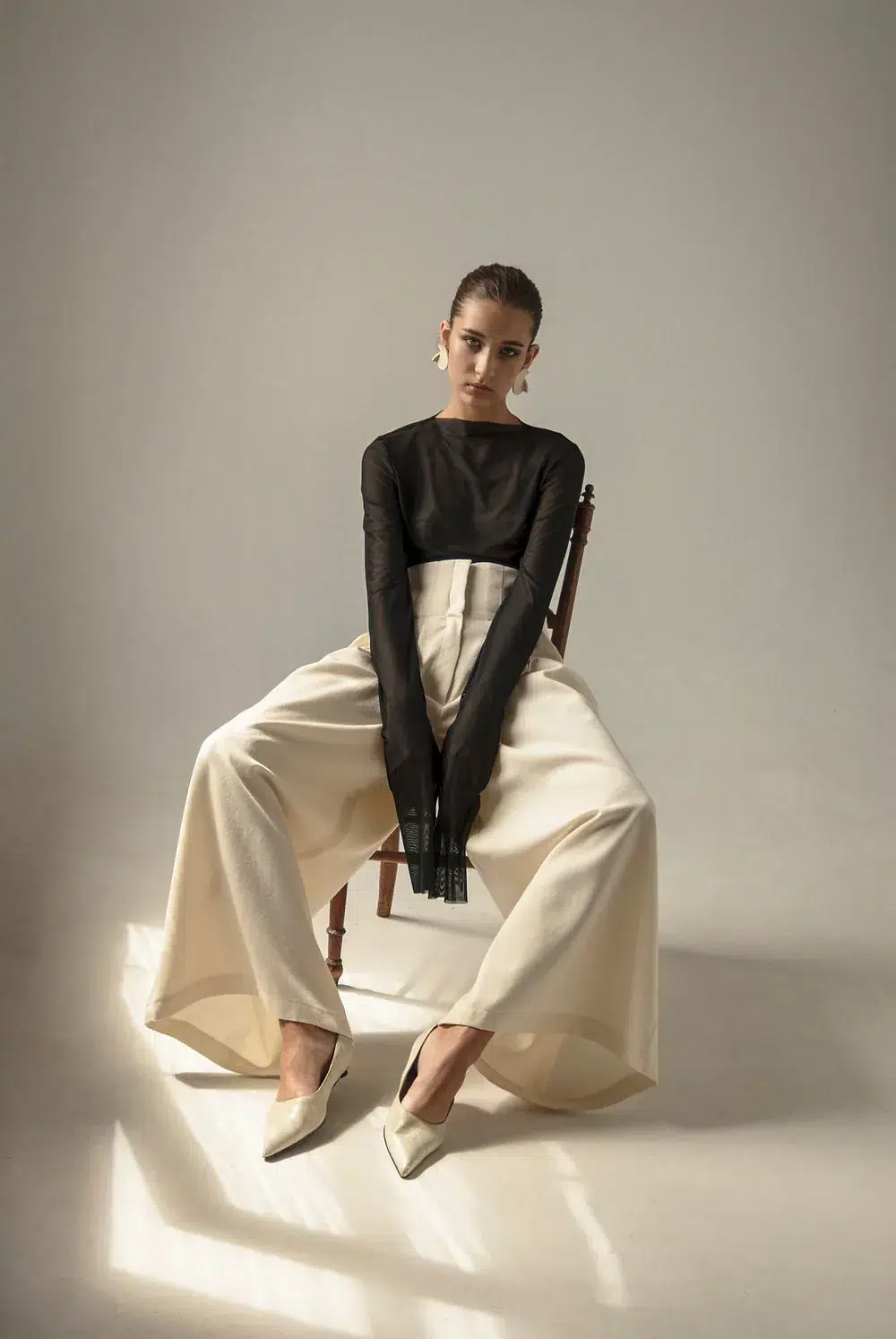 AP014 - Cream Vintage Wool Wide Leg Pants - Image 2
